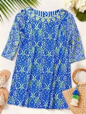 Gretchen Scott Bateau Tunic Dress Blue Green Print Coastal Preppy Medium